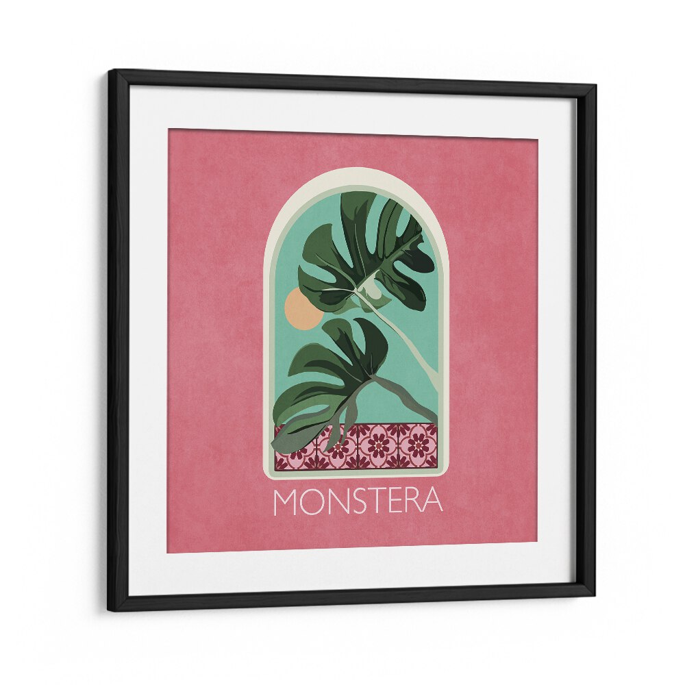 Green Sets Monstera  Botanical Flower Paintings Artwork  in Black Frame With Mount