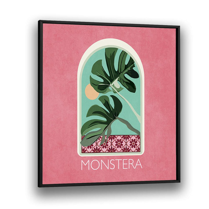 Green Sets Monstera Botanical Flower Paintings Artwork  in Black Plain Frame