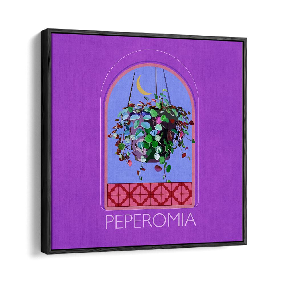 Green Sets Peperomia   Botanical Flower Paintings Artwork  in Black Floater Frame