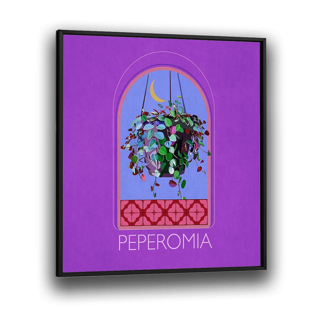 Green Sets Peperomia   Botanical Flower Paintings Artwork  in Black Plain Frame