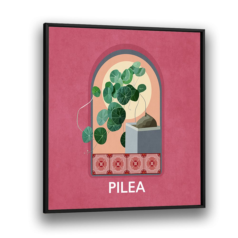 Green Sets Pilea Botanical Flower Paintings Artwork  in Black Plain Frame