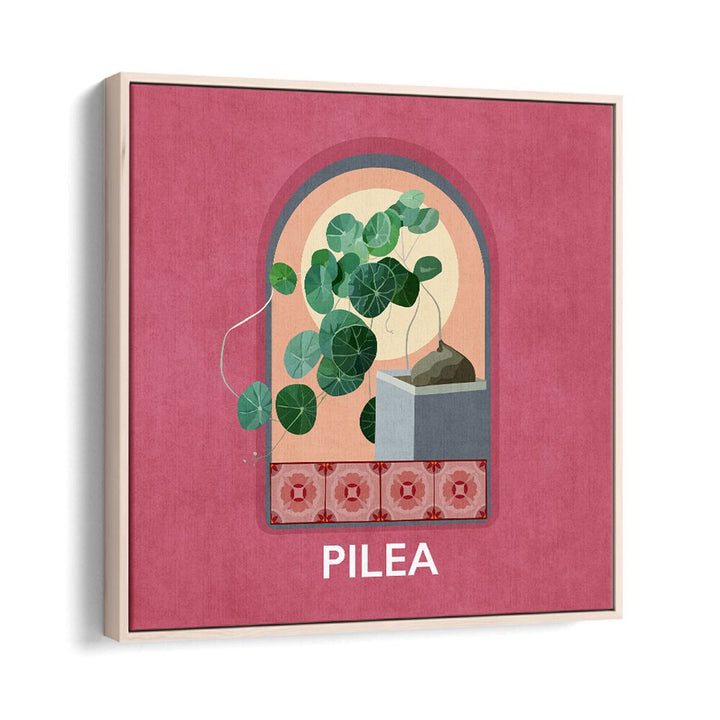 Green Sets Pilea Botanical Flower Paintings Artwork in Oak Wood Floater Frame