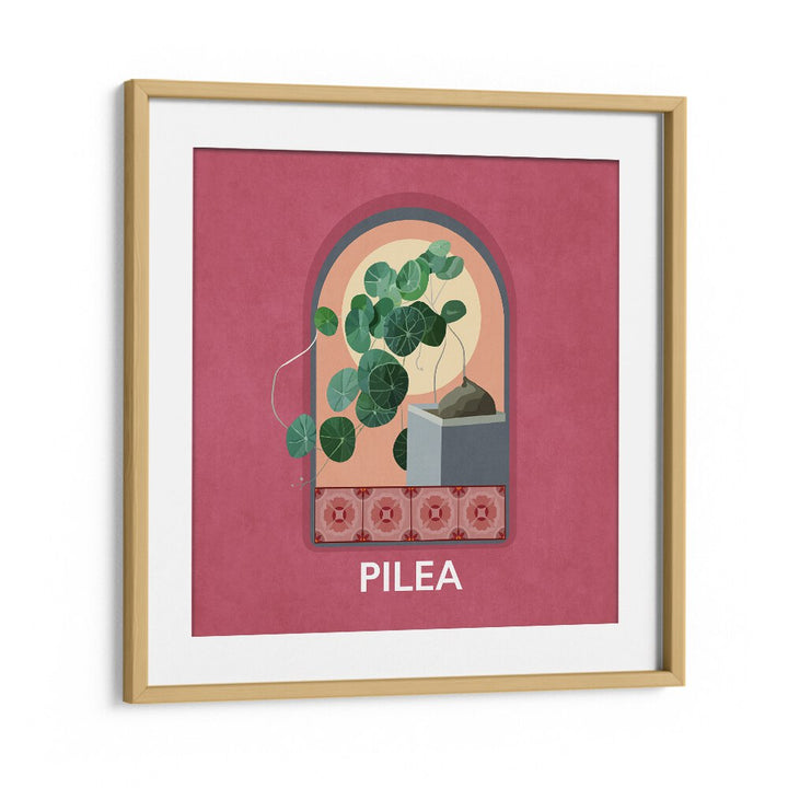 Green Sets Pilea Botanical Flower Paintings Artwork in Oak Wood Frame With Mount