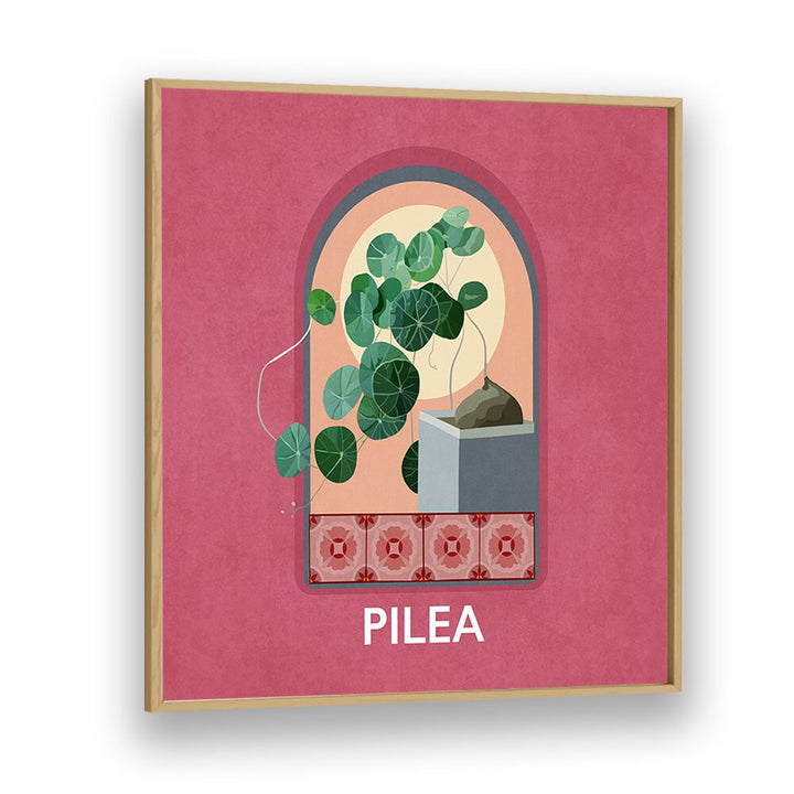 Green Sets Pilea Botanical Flower Paintings Artwork in Oak Wood Plain Frame