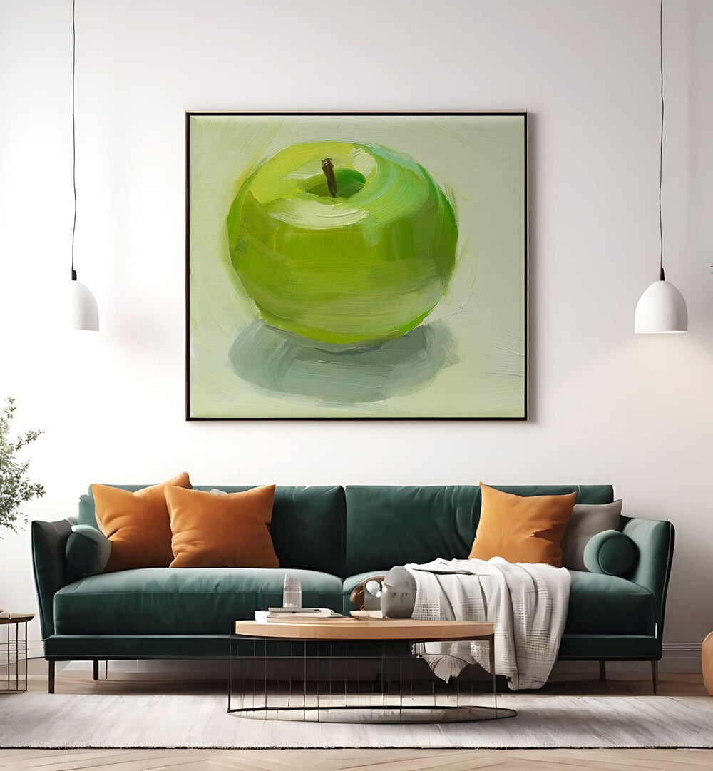 Bright green apple artwork, perfect for kitchen decor. Explore our GREEN APPLE, KITCHEN POSTERS to enhance your space.