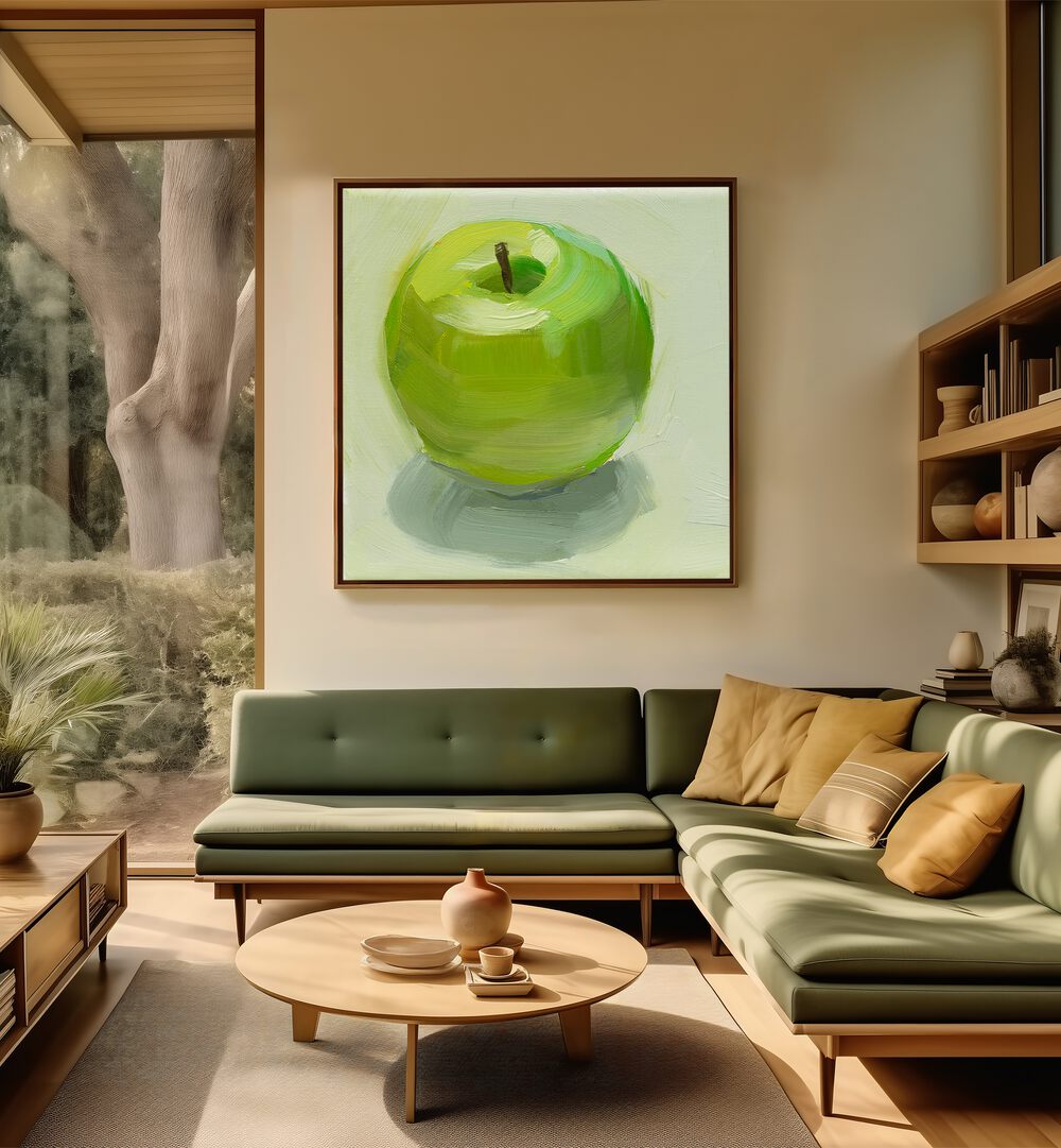 Bright green apple artwork enhances kitchen decor, perfect for food lovers with GREEN APPLE, KITCHEN POSTERS.