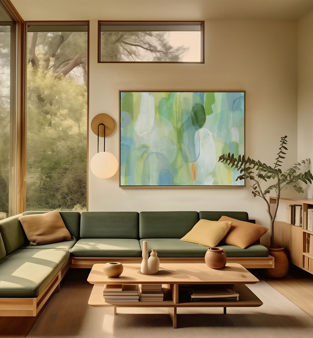 Vibrant GREEN BLUE ABSTRACT painting enhancing a modern living space, perfect for fans of ABSTRACT PAINTINGS.