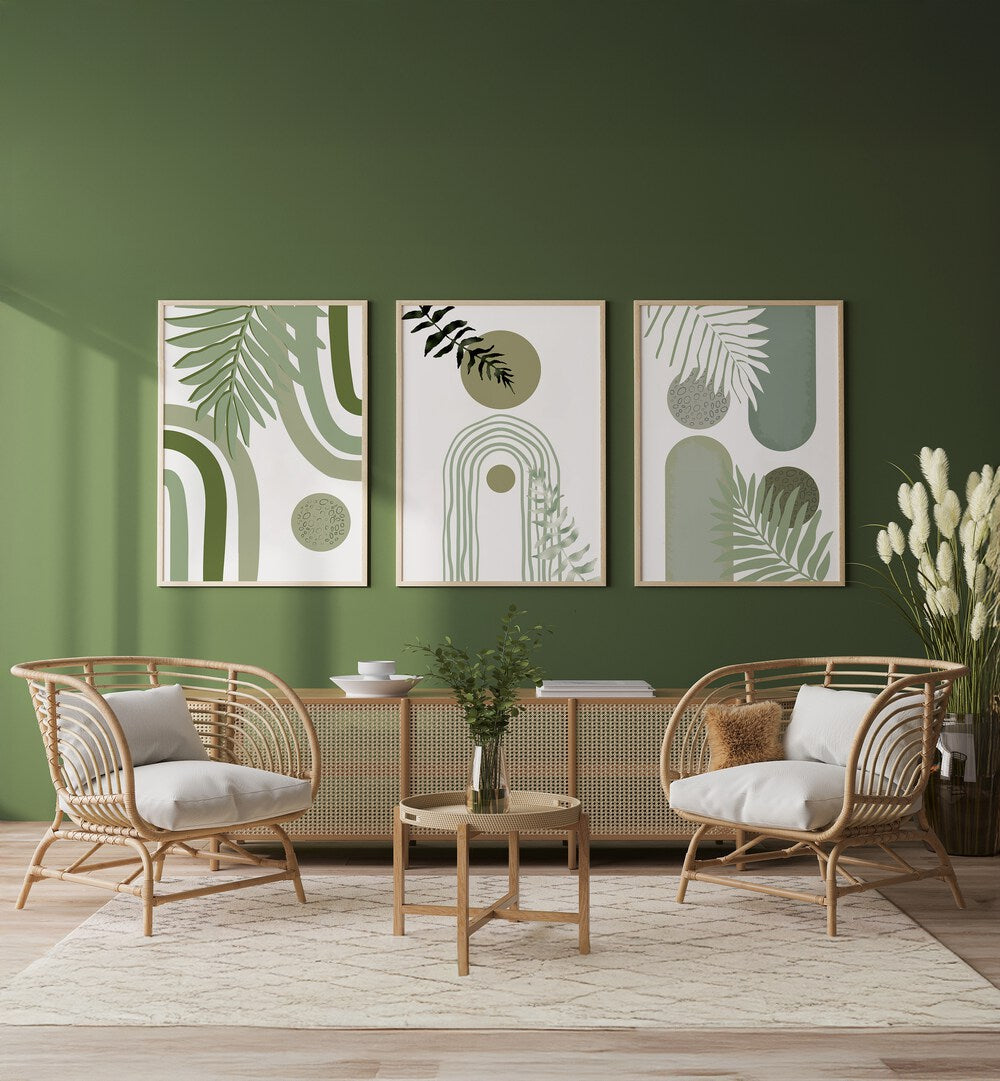 Stylish GREEN BOHEMIAN SET, SET OF 3 PAINTINGS enhances your living space with vibrant colors and artistic designs.