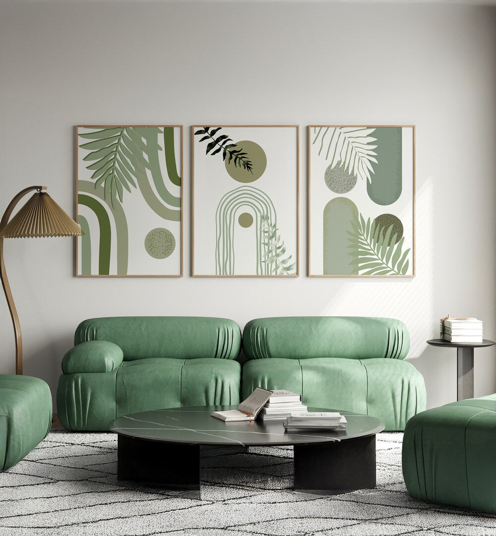 Stylish GREEN BOHEMIAN SET, SET OF 3 PAINTINGS enhancing a modern living space with vibrant art and design.