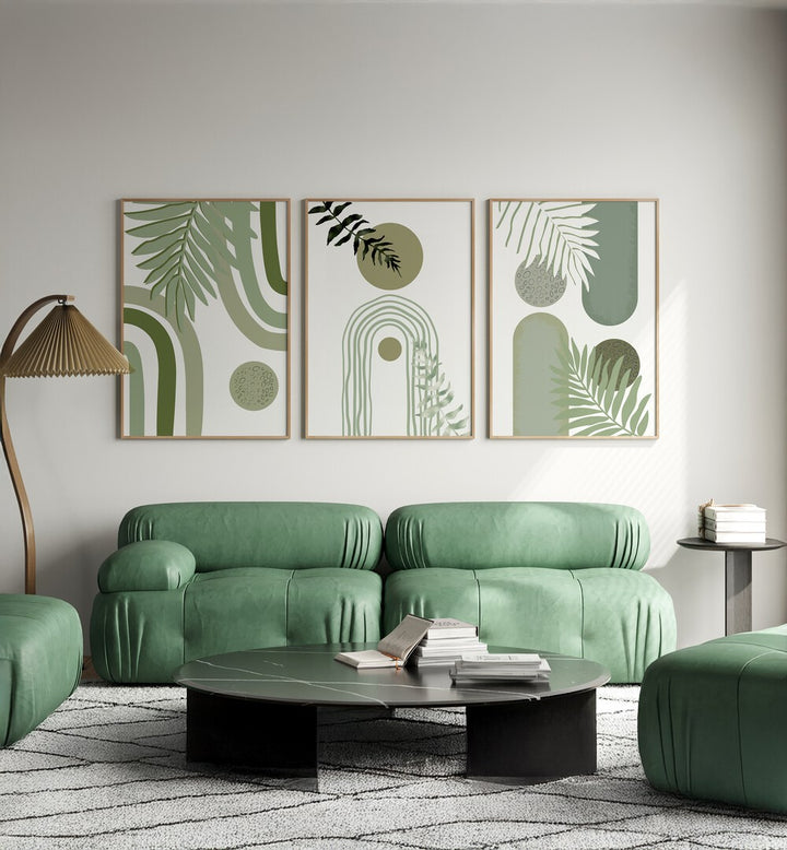 Stylish GREEN BOHEMIAN SET, SET OF 3 PAINTINGS enhancing a modern living space with vibrant art and design.