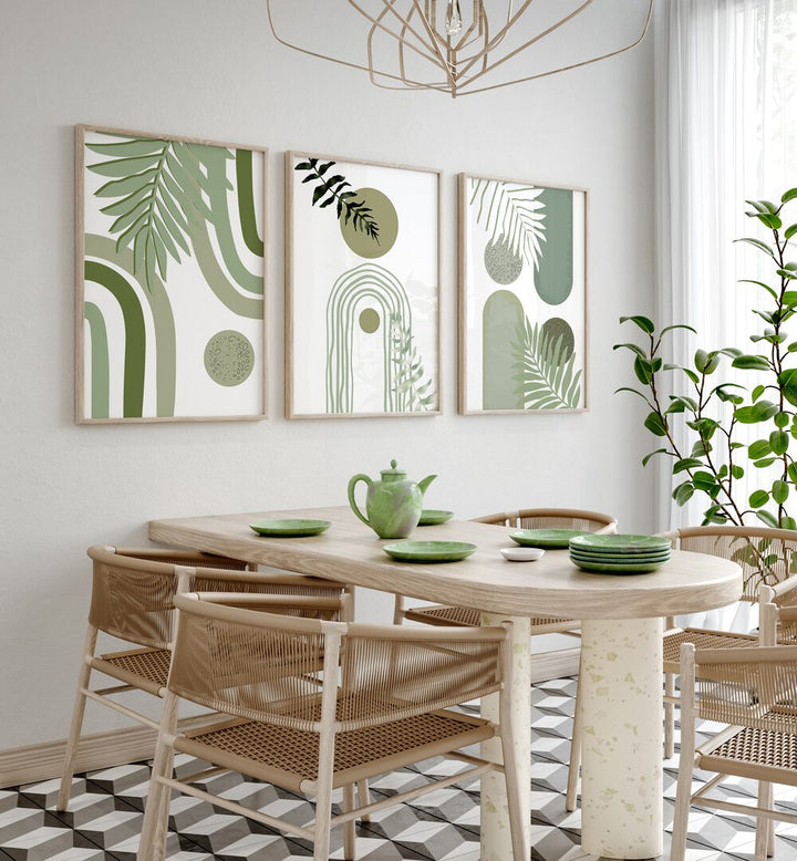 Enhance your decor with the GREEN BOHEMIAN SET, SET OF 3 PAINTINGS showcasing vibrant bohemian designs.