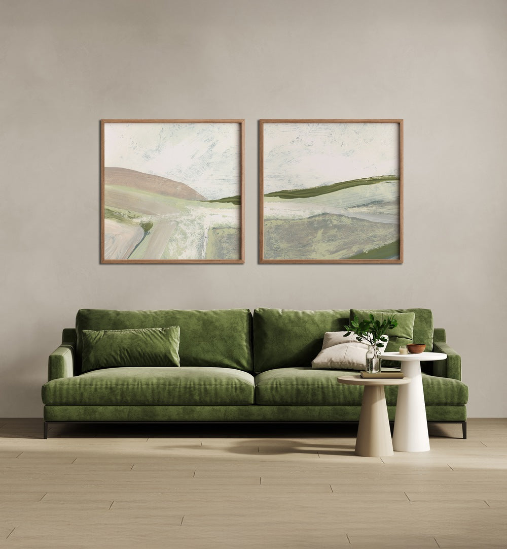 GREEN FILEDS ABSTRACT SET , SET OF 2 PAINTINGS