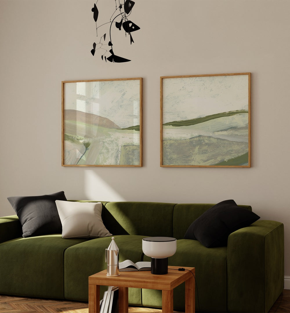 Enhance your space with the GREEN FILEDS ABSTRACT SET, SET OF 2 PAINTINGS, showcasing serene green tones for tranquility.