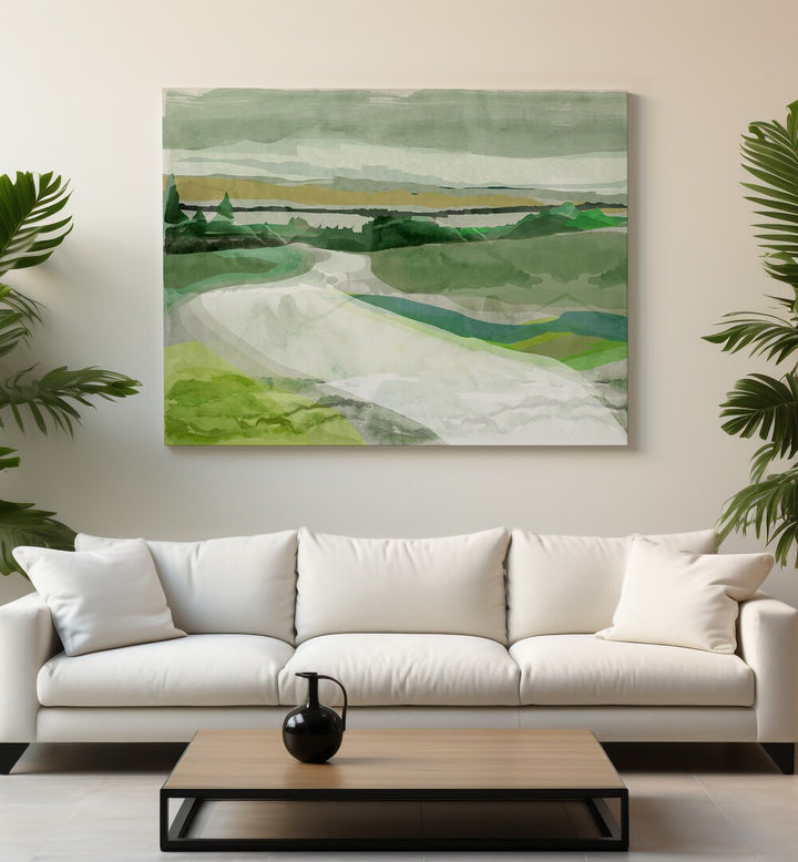 Lush greens and serene landscapes in GREEN PASTURES I, LANDSCAPE PAINTINGS, perfect for tranquil home decor.