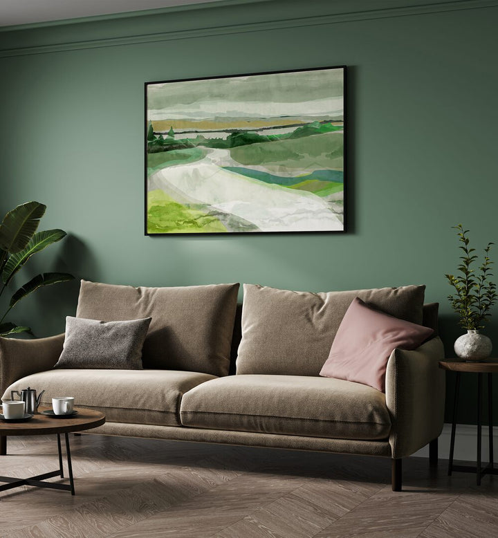 Lush greens and serene landscapes in GREEN PASTURES I, LANDSCAPE PAINTINGS, perfect for a tranquil home decor.
