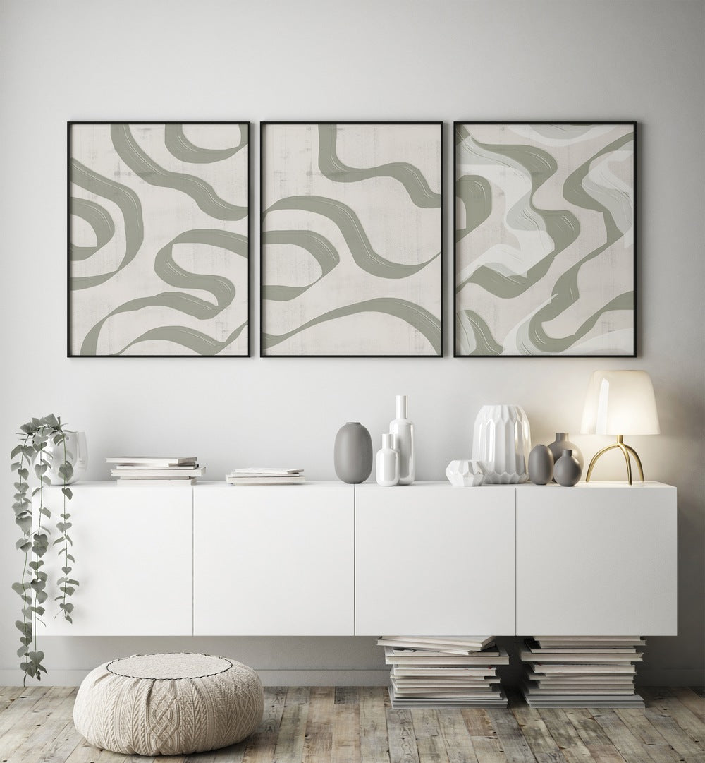 GREEN SAGE WAVES SET , SET OF 3 PAINTINGS