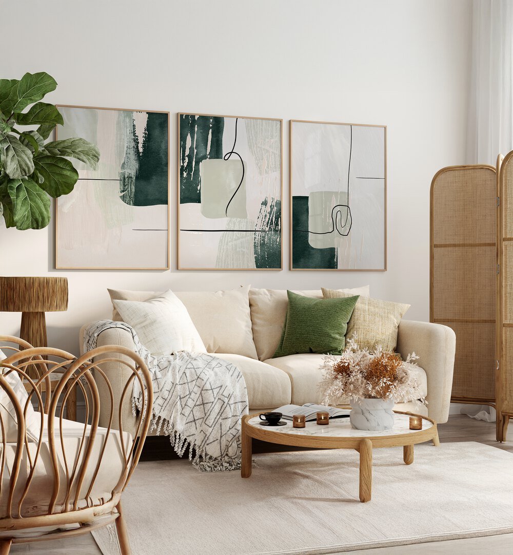 Enhance your decor with the GREEN SHAPES ABSTRACTION SET, SET OF 3 PAINTINGS, perfect for modern living spaces.