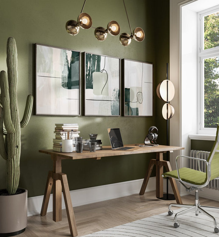 Sophisticated GREEN SHAPES ABSTRACTION SET, SET OF 3 PAINTINGS enhances modern decor in any space.
