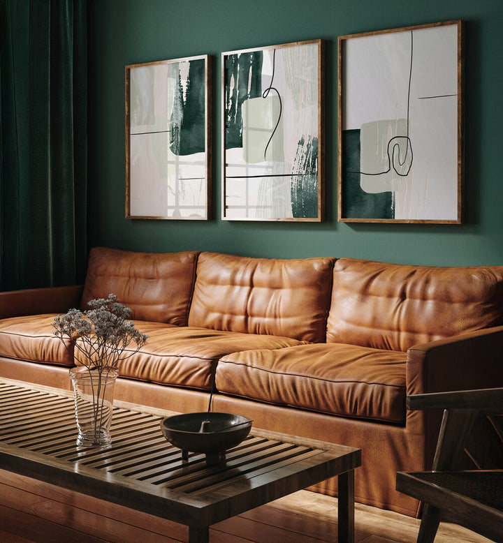 Sophisticated GREEN SHAPES ABSTRACTION SET, SET OF 3 PAINTINGS, enhancing modern living spaces with style.