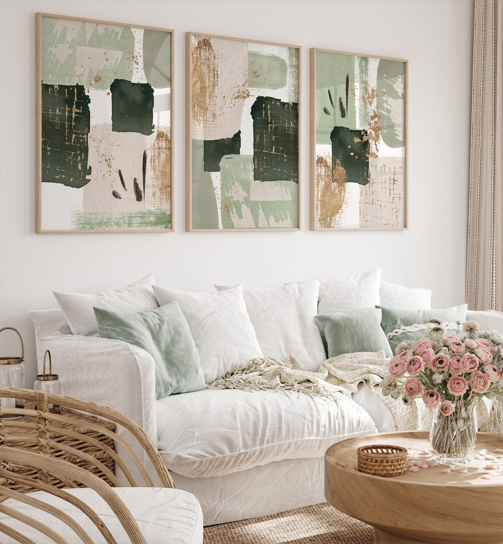 Elegant GREENS OF CURIOUSITY SET, SET OF 3 PAINTINGS adds tranquility and style to any living space.