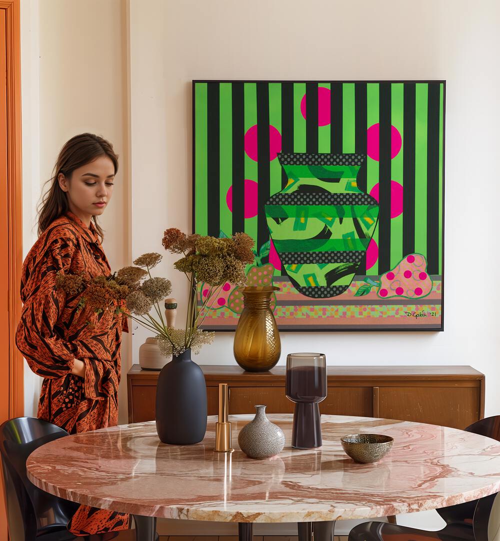 Enhance your kitchen with GREEN VASE A PEARS, KITCHEN POSTERS for a modern and vibrant touch. Perfect decor for culinary spaces.