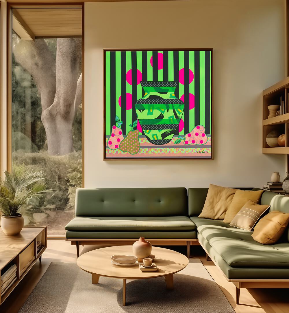 Bright and colorful GREEN VASE A PEARS, KITCHEN POSTERS enhance a modern kitchen's decor with vibrant art.