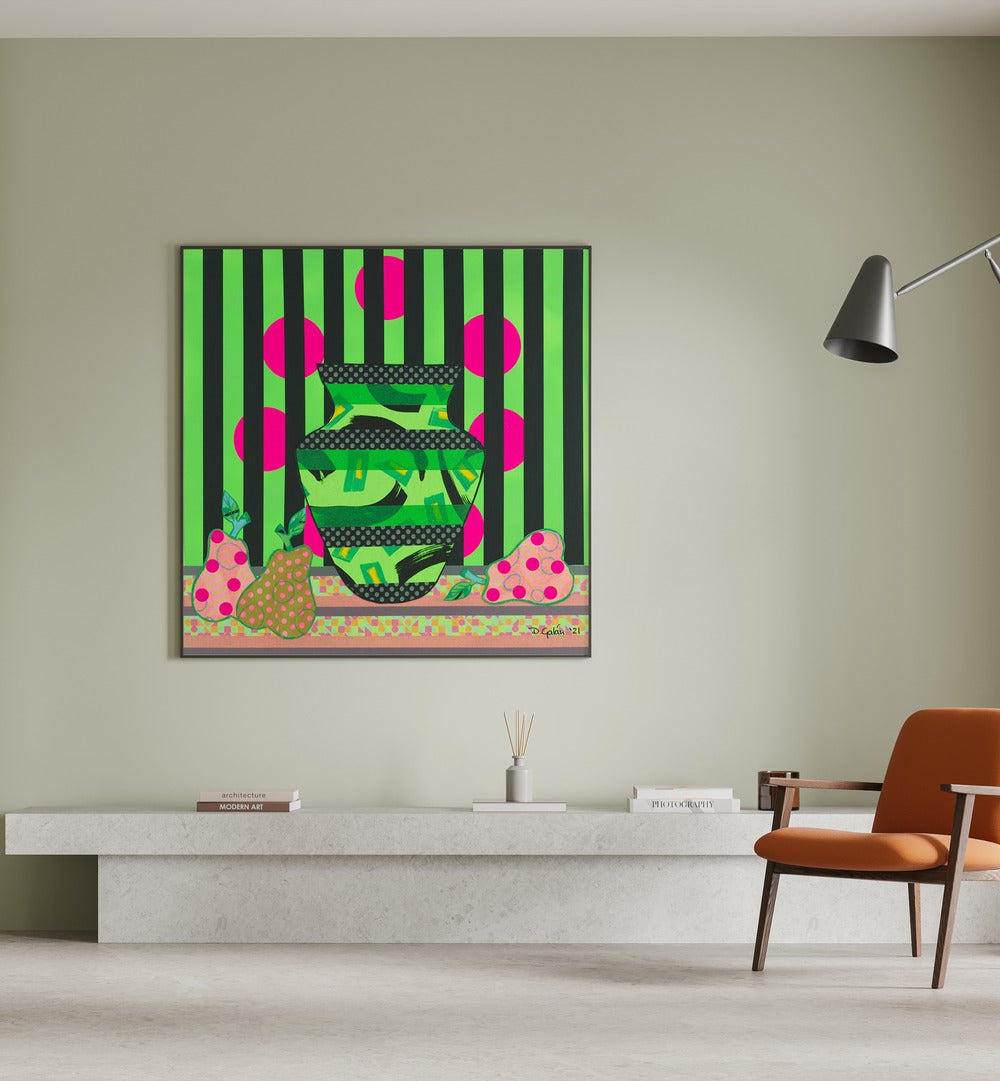 Bright and colorful GREEN VASE A PEARS, KITCHEN POSTERS enhance your kitchen's modern aesthetic and vibrant decor.