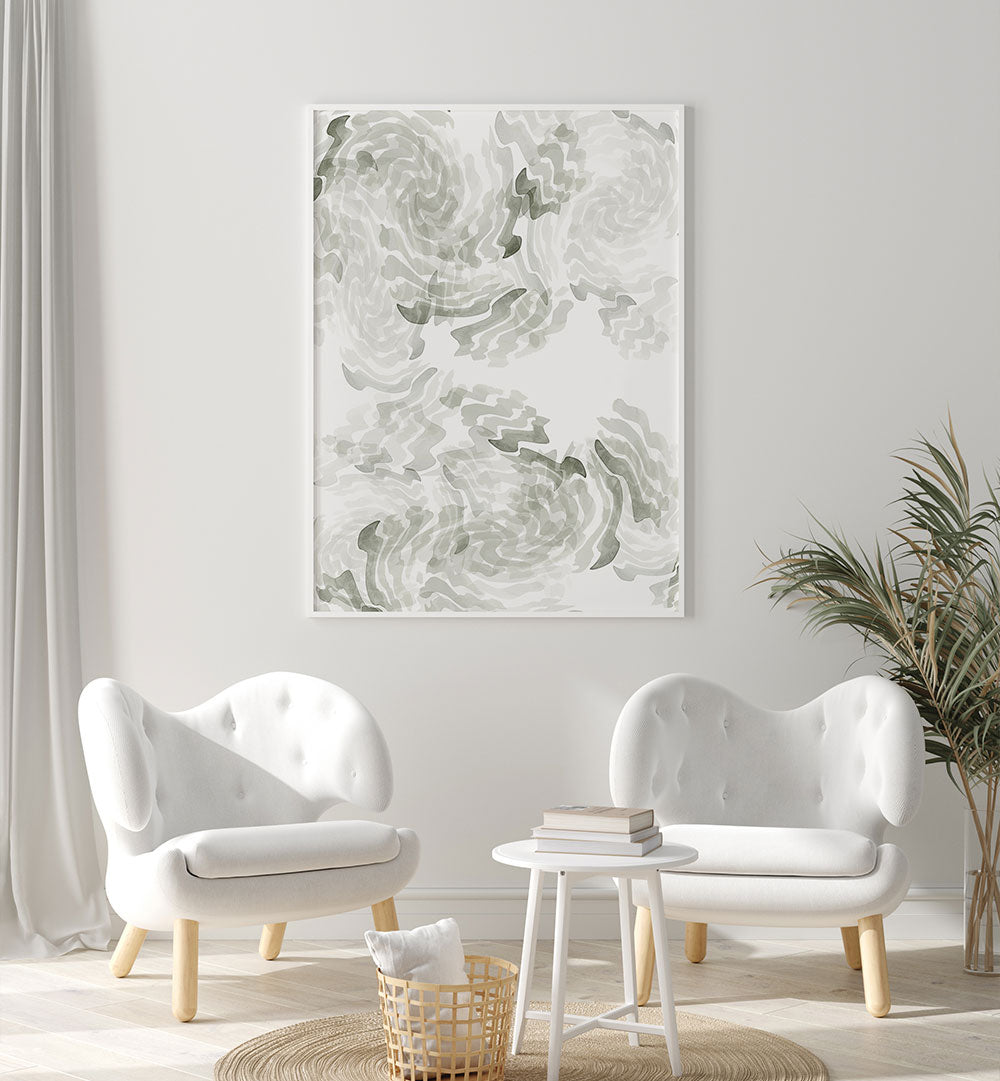 Add sophistication to your decor with the GREY WATERCOLOUR TWIRL I, ABSTRACT PAINTINGS, capturing fluidity and movement.