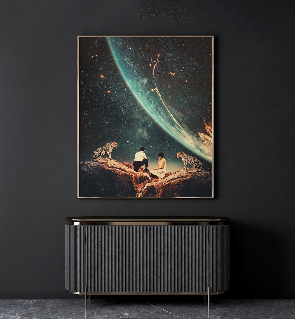 Guardians Of Our Future By Frank Moth Astronaut & Nasa Paintings, Space Art Prints Artwork in Gold Plain Frame placed on a Dark Grey Wall near a Console Table in the Living Room
