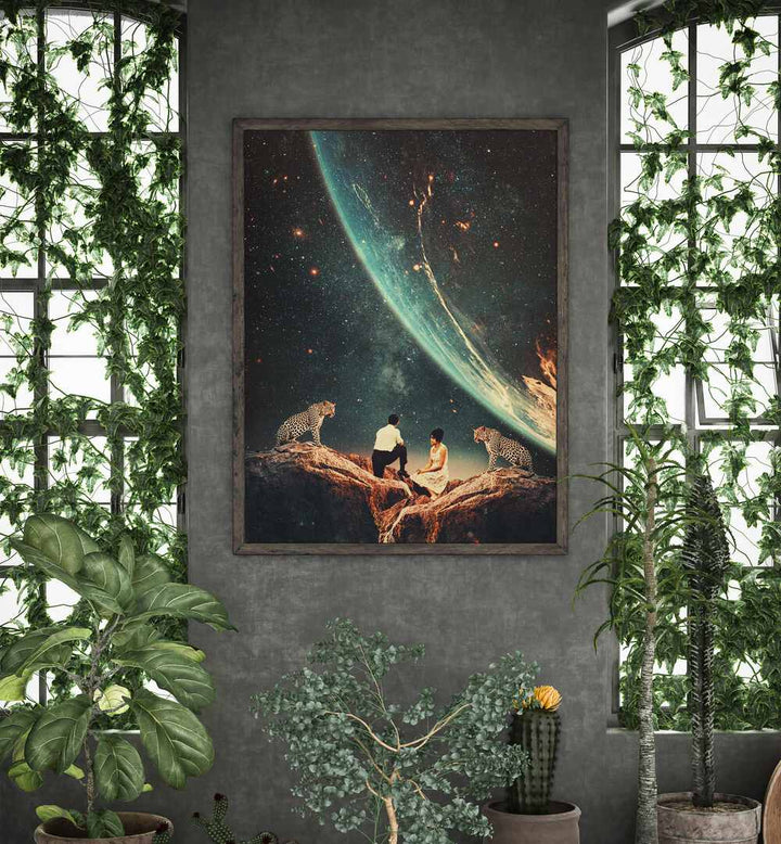 Guardians Of Our Future By Frank Moth Astronaut & Nasa Paintings, Space Art Prints Artwork in Dark Wood Plain Frame placed on a Dark Grey Wall in the Living Room
