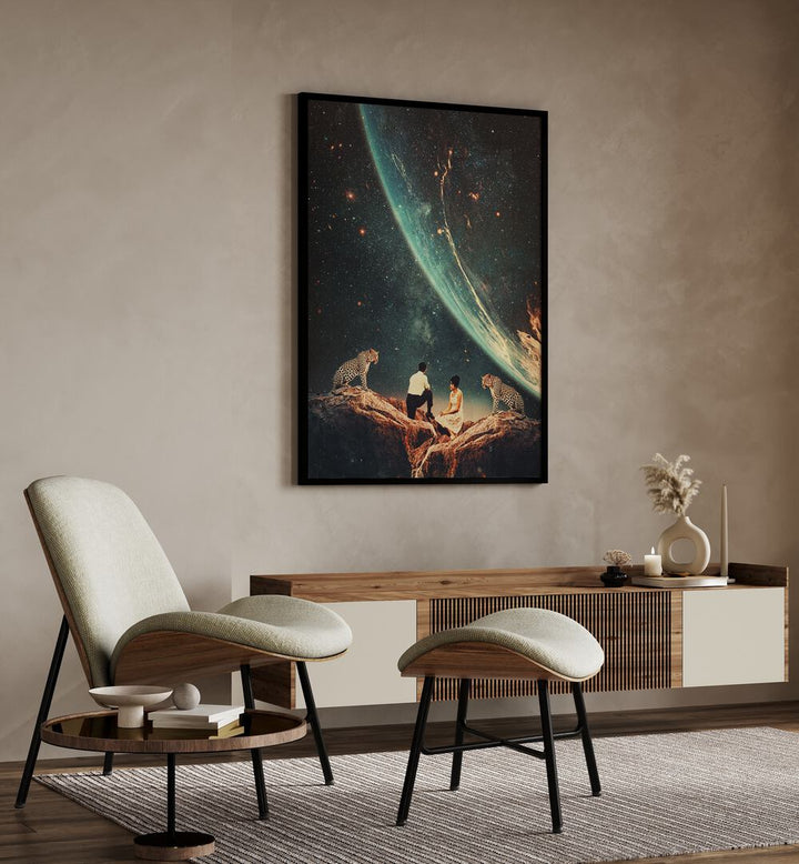 Guardians Of Our Future By Frank Moth Astronaut & Nasa Paintings, Space Art Prints Artwork in Black Plain Frame on a Beige Wall in the Drawing Room