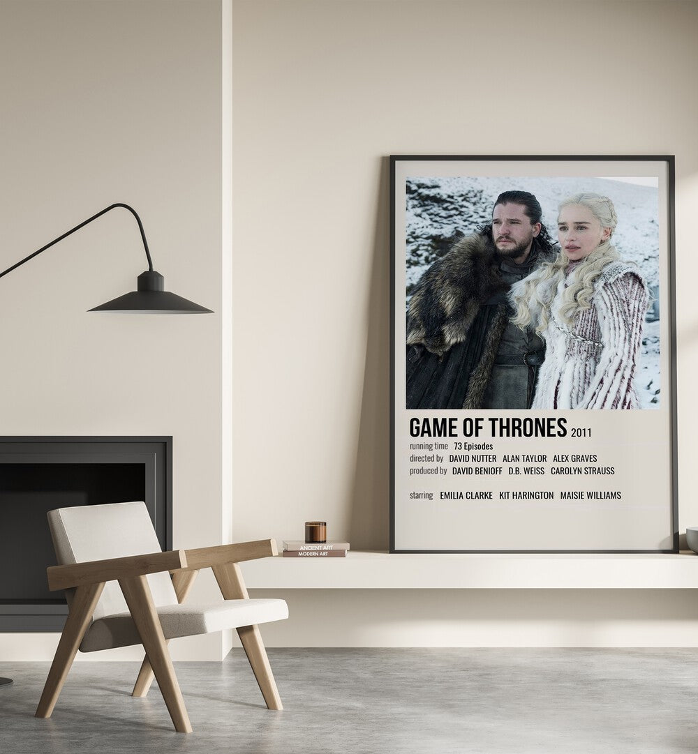 Game Of Thrones 2011 II Movie Posters in Black Plain Frame placed on a shelf beside a hearth