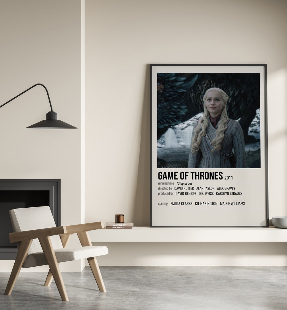 Game Of Thrones 2011 IV Movie Posters in Black Plain Frame placed on a shelf beside a hearth