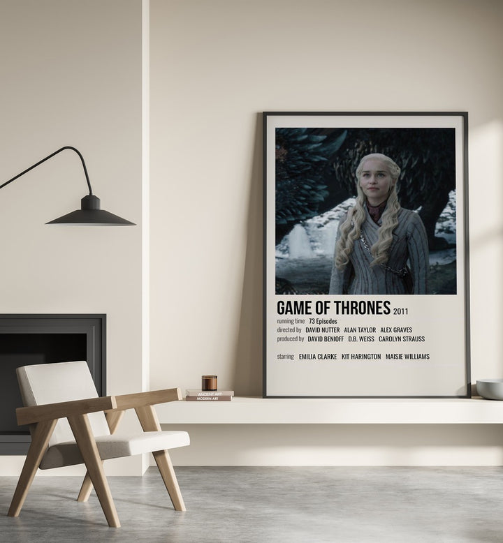 Game Of Thrones 2011 IV Movie Posters in Black Plain Frame placed on a shelf beside a hearth