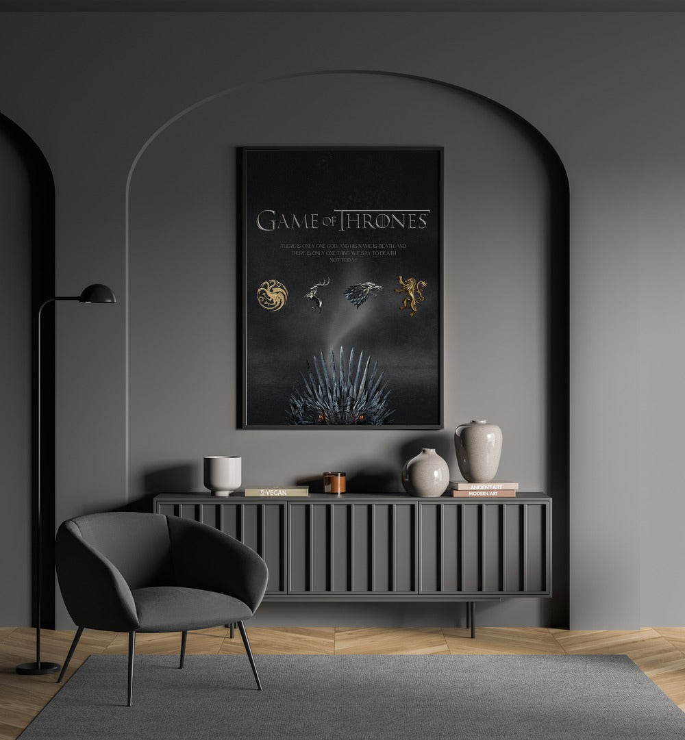 Game Of Thrones By Grishma Korjani Movie Posters in Black Plain Frame placed on a Grey Colored Wall above a Console Table in the Drawing Room