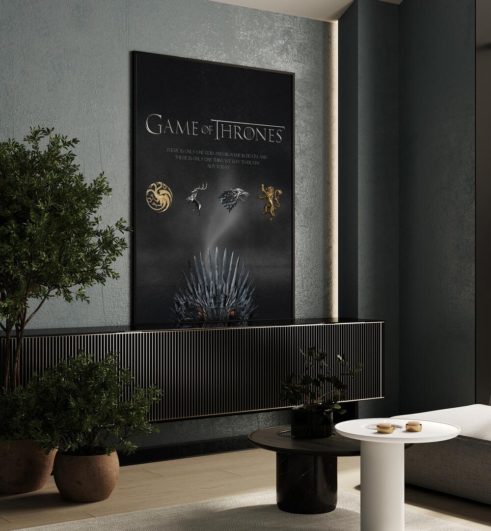 Game Of Thrones By Grishma Korjani Movie Posters in Black Plain Frame placed on a Console Table near a Grey Colored Wall in the Drawing Room