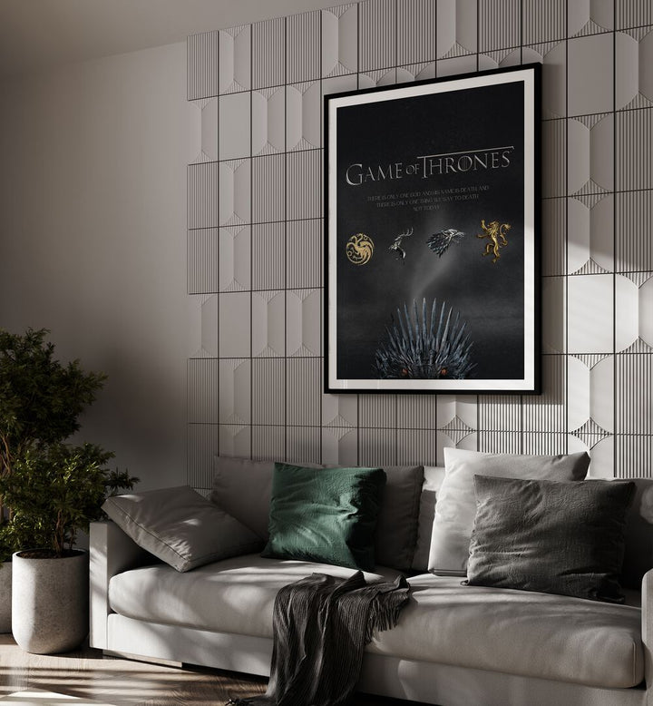 Game Of Thrones By Grishma Korjani Movie Posters in Black Frame With Mount placed on a Grey Tiled Wall near a Grey Sofa in the Living Room