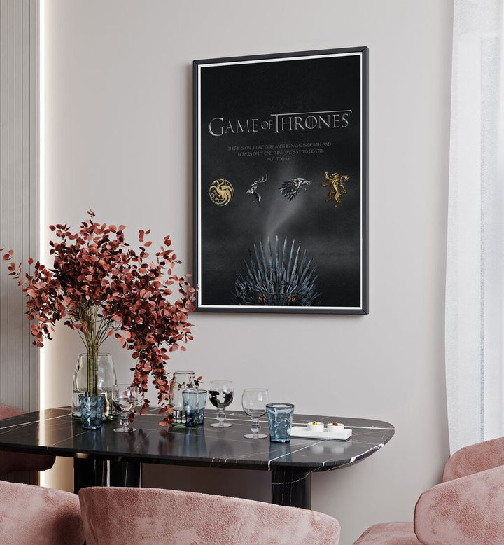 Game Of Thrones By Grishma Korjani Movie Posters in Black Plain Frame placed on a White Colored Wall near a Dining Table in the Dining Room