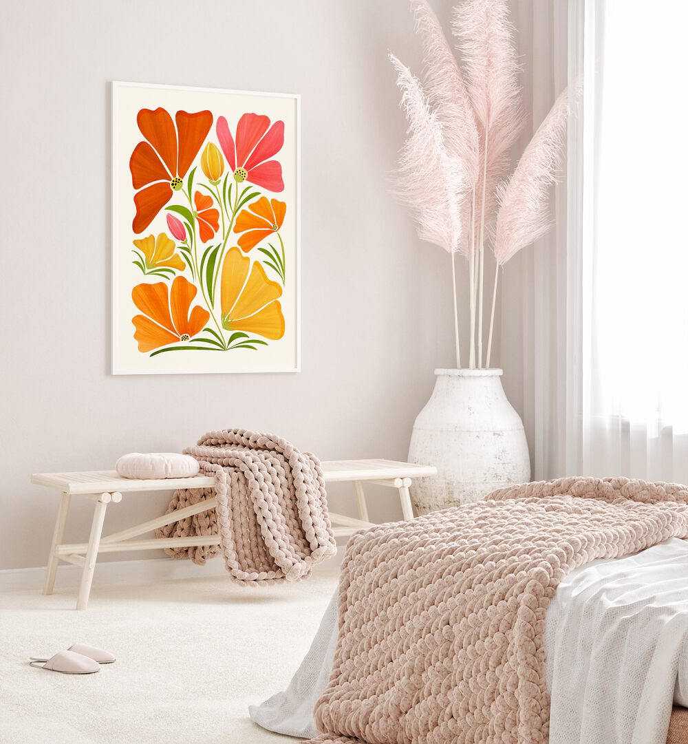 Garden Party by Kristian Gallagher Botanical Flower Paintings Floral Paintings in White Plain Frame placed on a wall behind a table for bedroom