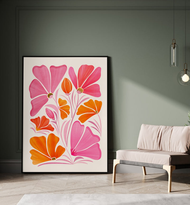 Garden Party by Kristian Gallagher Botanical Flower Paintings Floral Paintings in Black Plain Frame placed on the floor beside a sofa