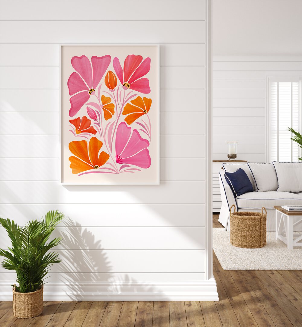 Garden Party by Kristian Gallagher Botanical Flower Paintings Floral Paintings in White Plain Frame placed on a white wall beside a plant