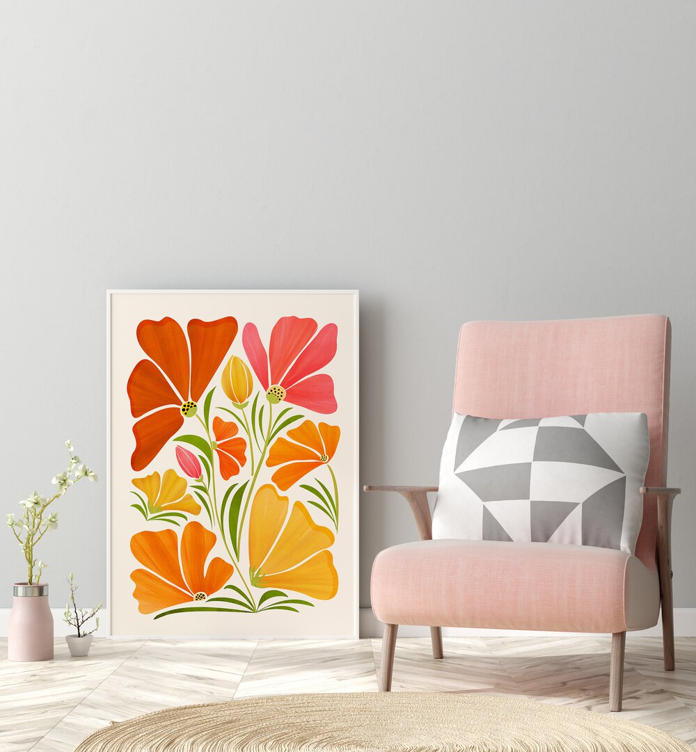 Garden Party by Kristian Gallagher Botanical Flower Paintings Floral Paintings in White Plain Frame placed on the floor beside a chair