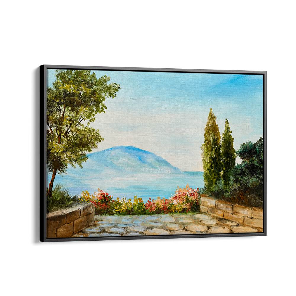 Garden Seascape Vintage European Paintings in Black Floater Frame