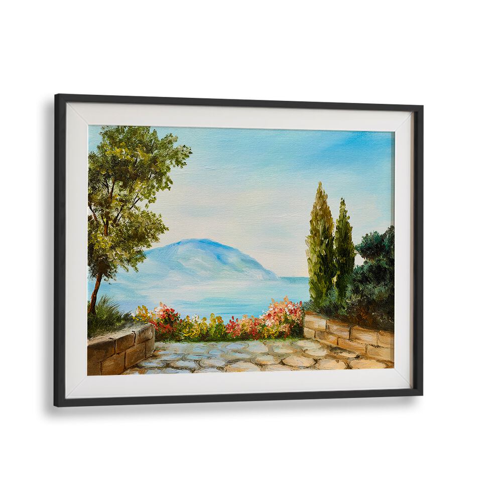 Garden Seascape Vintage European Paintings in Black Frame With Mount