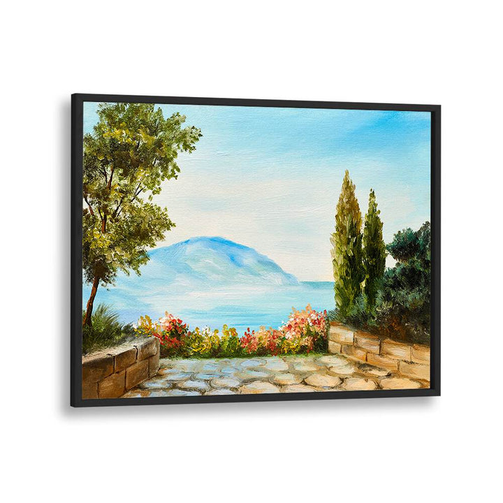 Garden Seascape Vintage European Paintings in Black Plain Frame