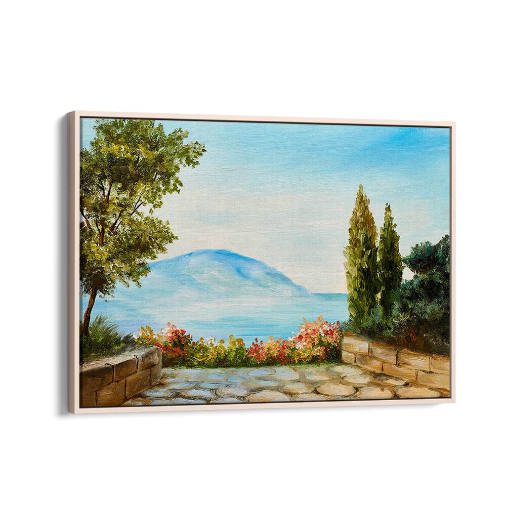 Garden Seascape Vintage European Paintings in Oak Wood Floater Frame