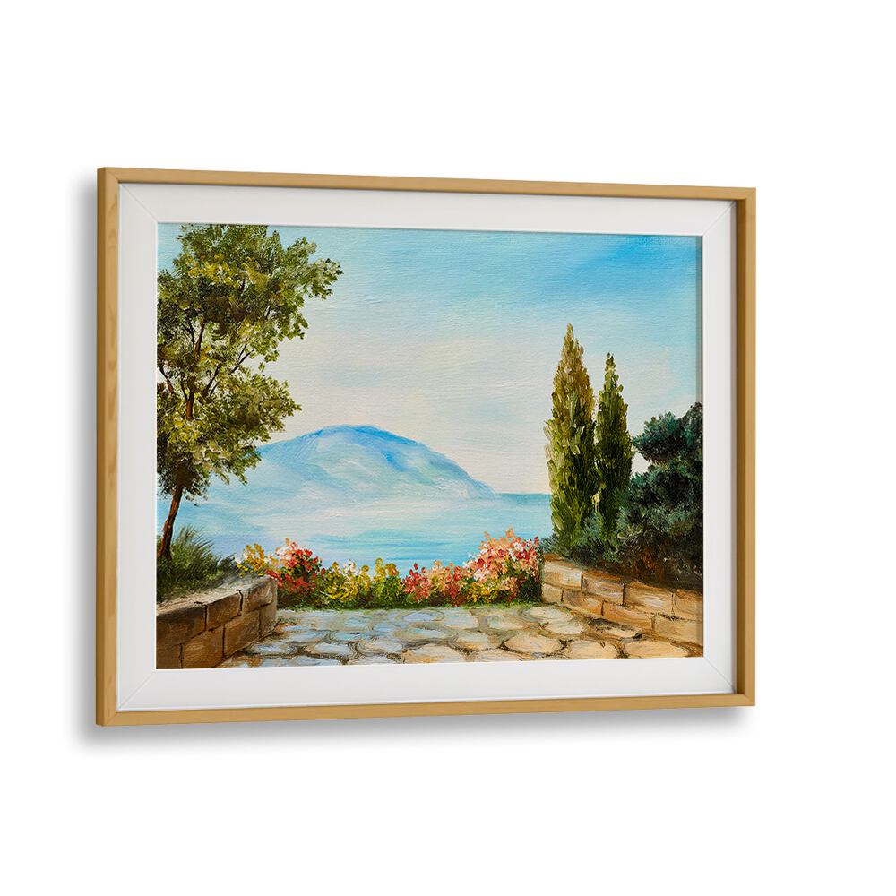 Garden Seascape Vintage European Paintings in Oak Wood Frame With Mount