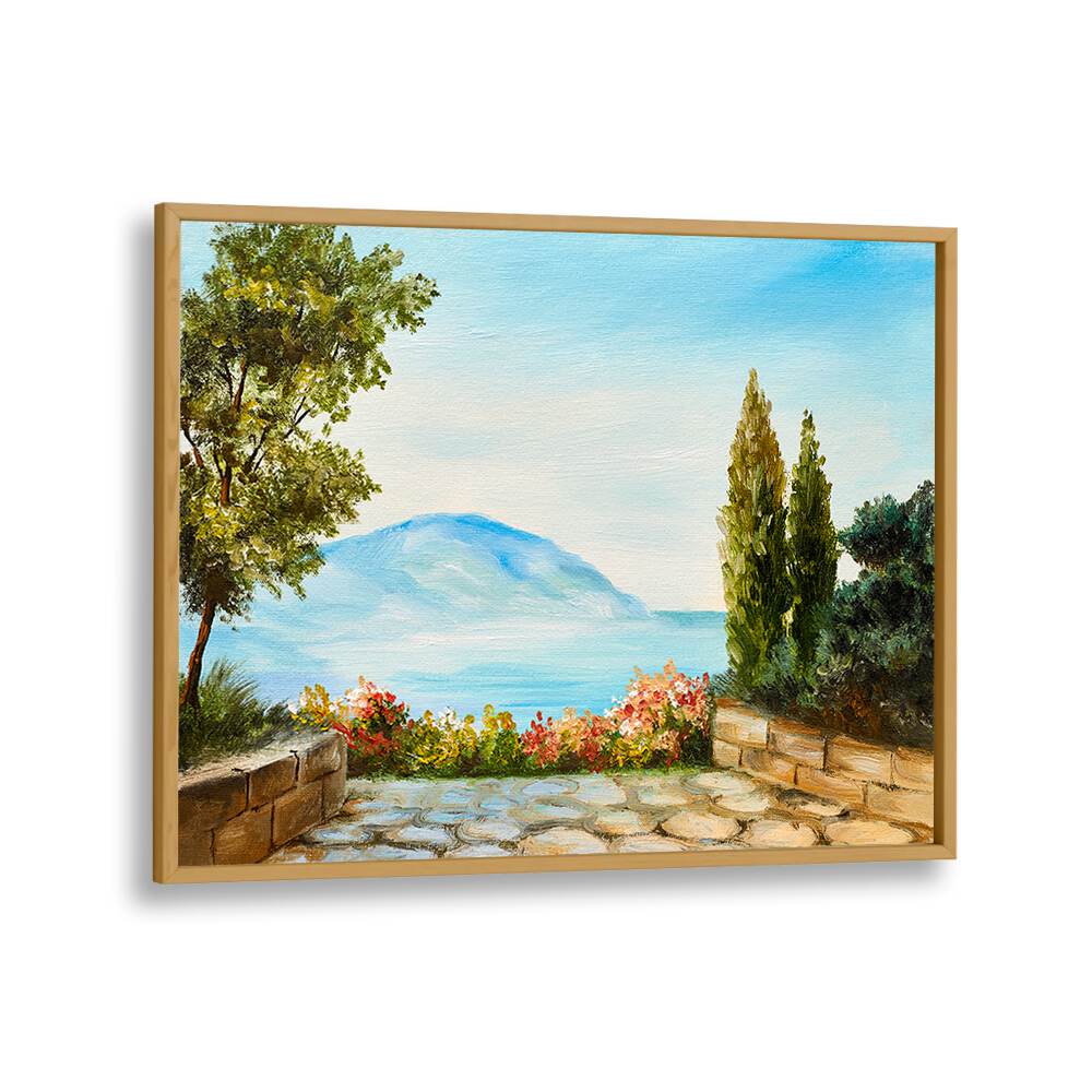 Garden Seascape Vintage European Paintings in Oak Wood Plain Frame