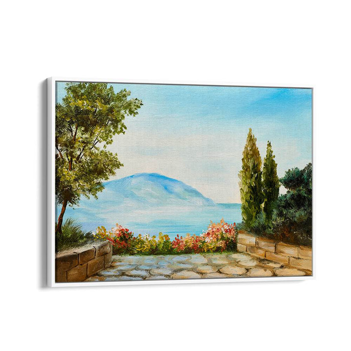 Garden Seascape Vintage European Paintings in White Floater Frame