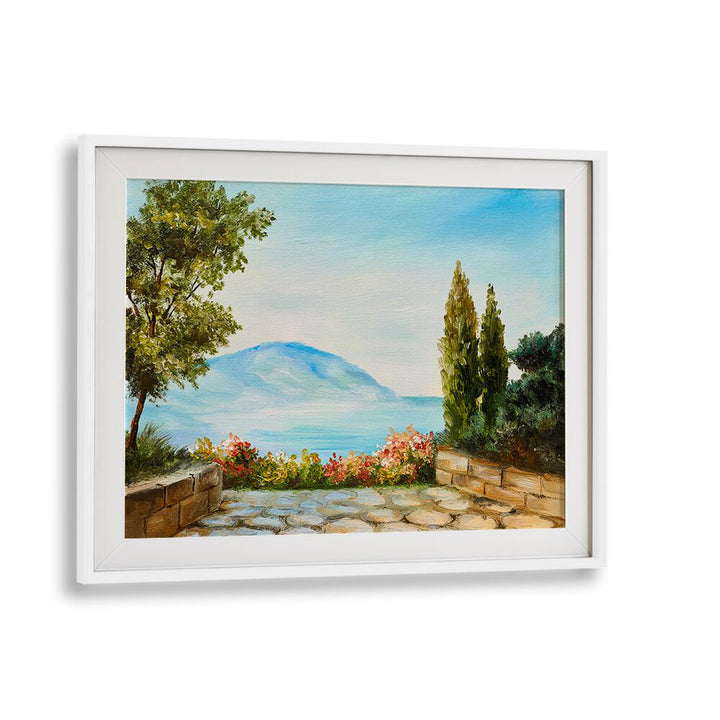 Garden Seascape Vintage European Paintings in White Frame With Mount